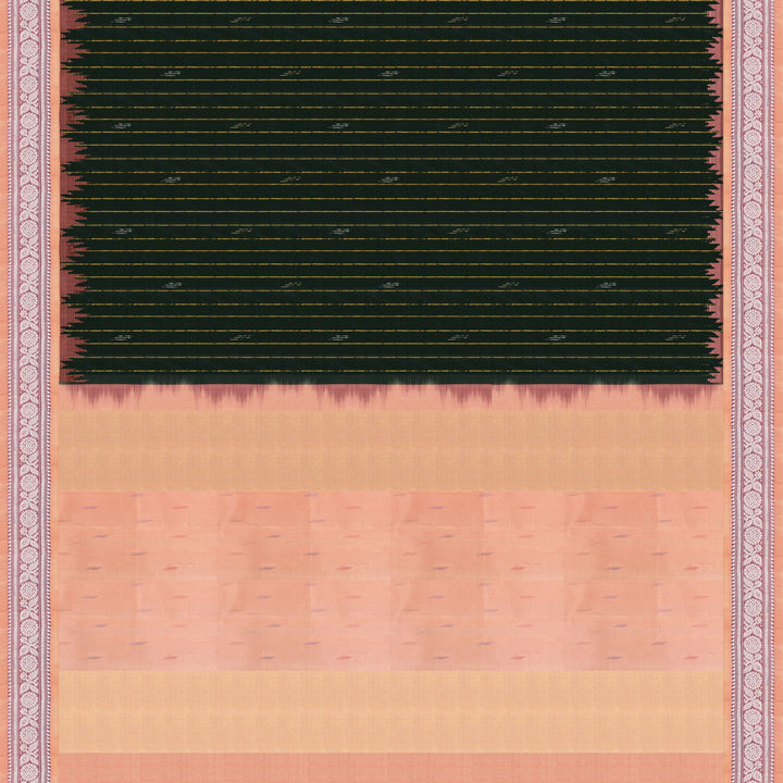 Bottle green Gadwal silk saree with gold zari stripes, peach border and temple design pallu