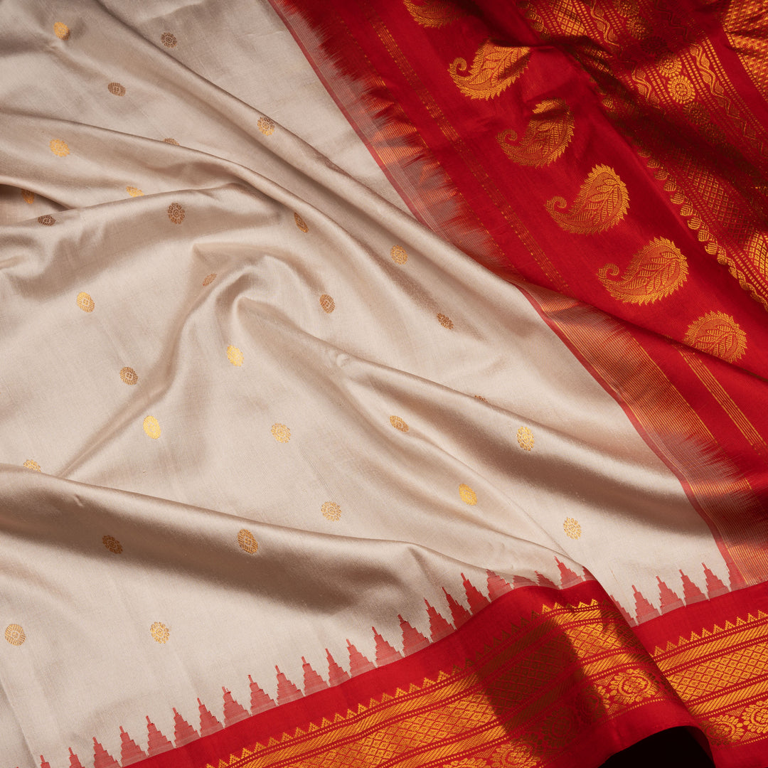 Off White Gadwal Silk Saree with Red Border and Gold Zari 3333T016180DSC