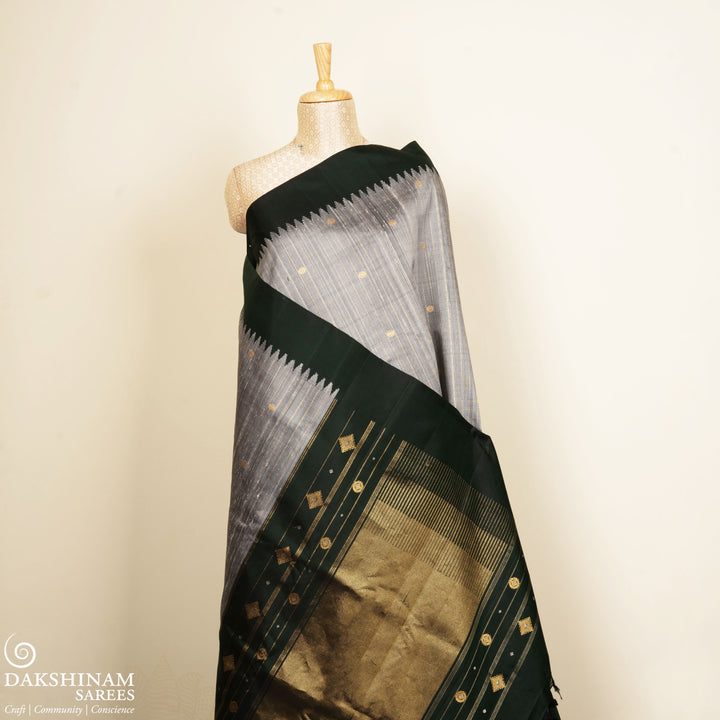 Grey Gadwal Silk Saree with Bottle Green Border and Zari Stripes 3334T016187DSC
