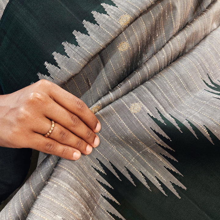 Grey Gadwal Silk Saree with Bottle Green Border and Zari Stripes 3334T016187DSC