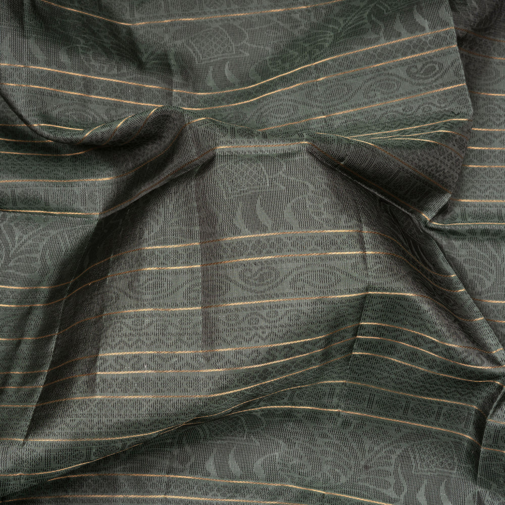 Grey soft silk saree with multithread motifs like elephant, rudraksham, chevron, diamond and mango patterns with matching pallu and plain blouse.