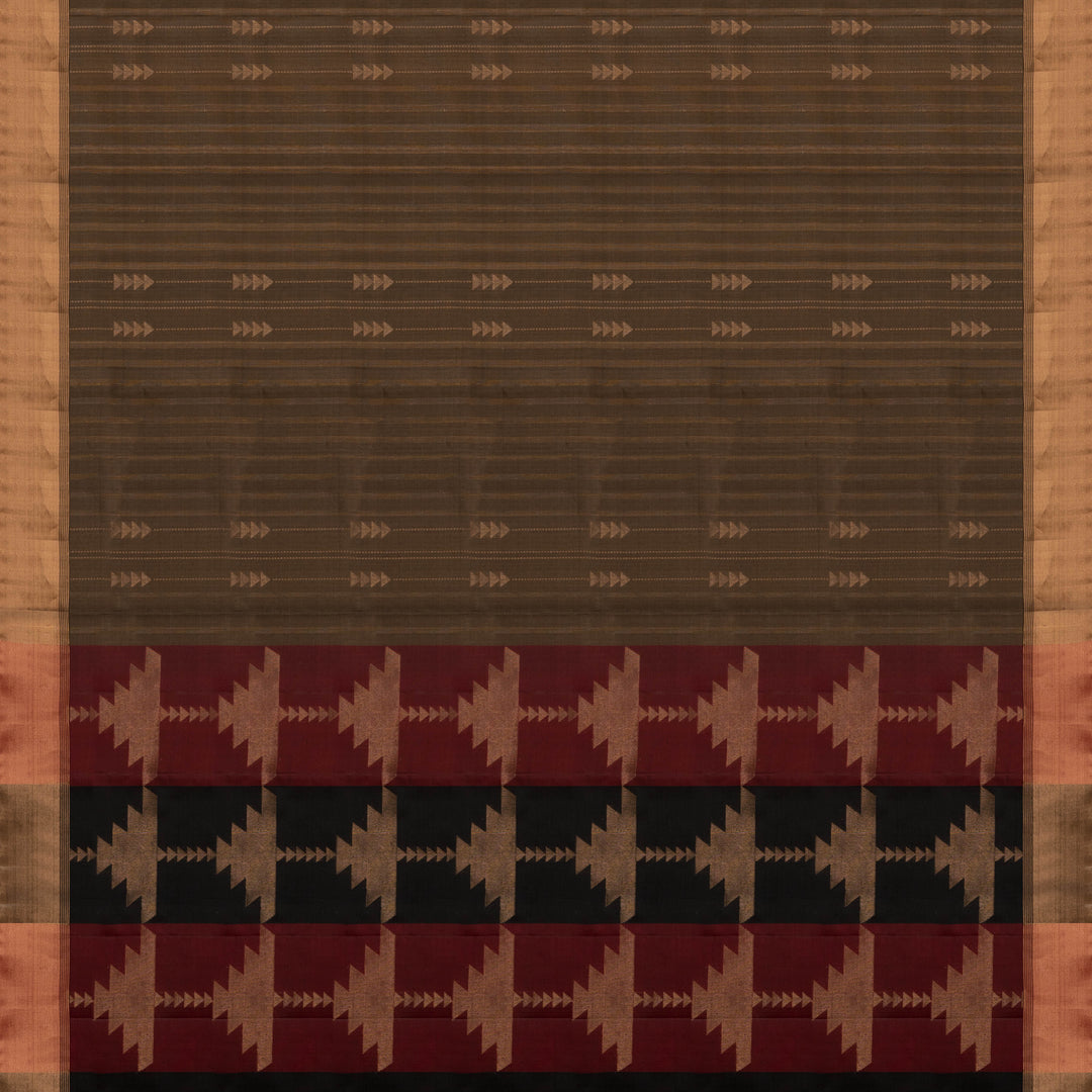 Brown soft silk saree with striped body and triangle motifs, gold tissue border and maroon black pallu with geometric patterns.