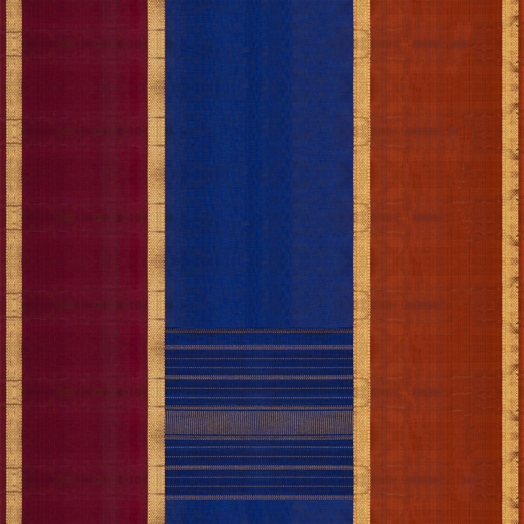 Blue Kanchipuram silk saree with two different gold zari borders featuring diamond and veldhari motifs and zari-lined pallu.