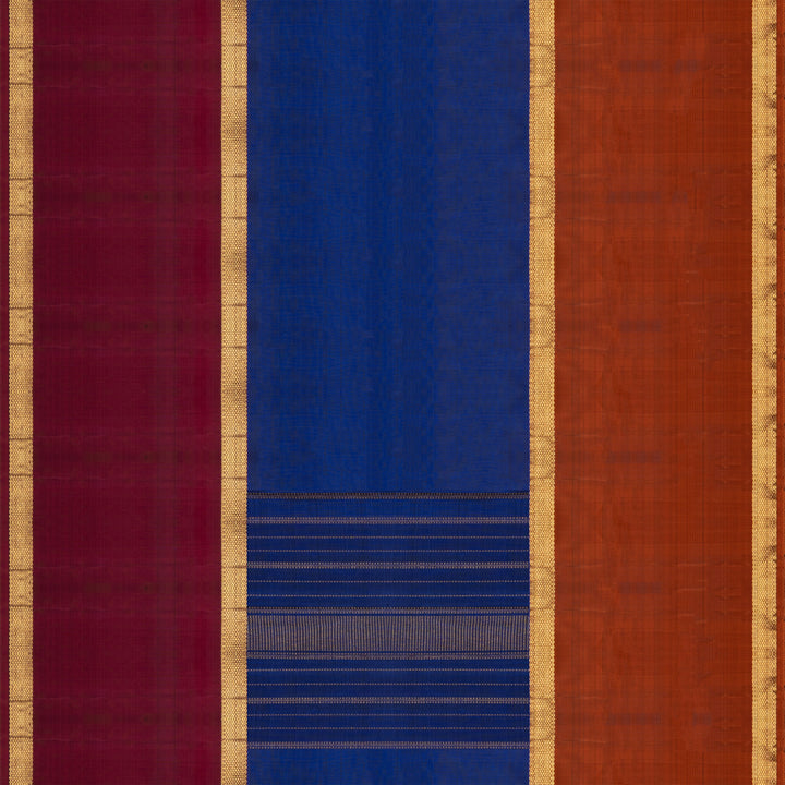Blue Kanchipuram silk saree with two different gold zari borders featuring diamond and veldhari motifs and zari-lined pallu.