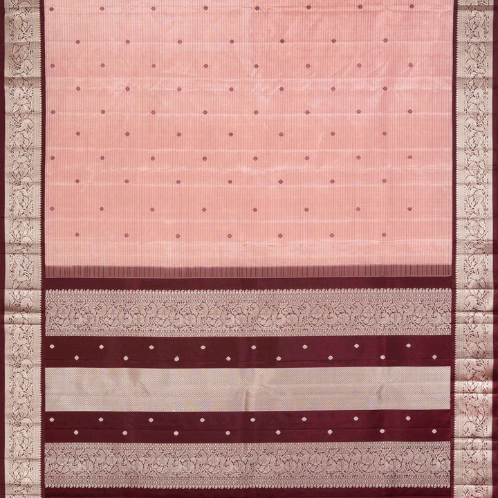 Peach handwoven Kanjivaram silk saree with horizontal stripes and chakram buttas, maroon border with parrot and floral motifs, and matching maroon blouse.