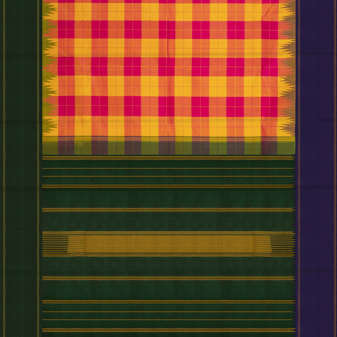 Multicolor handwoven Kanjivaram silk saree with checkered body, korvai thazampoo motifs, green rettapet border, and temple design pallu, paired with green blouse.