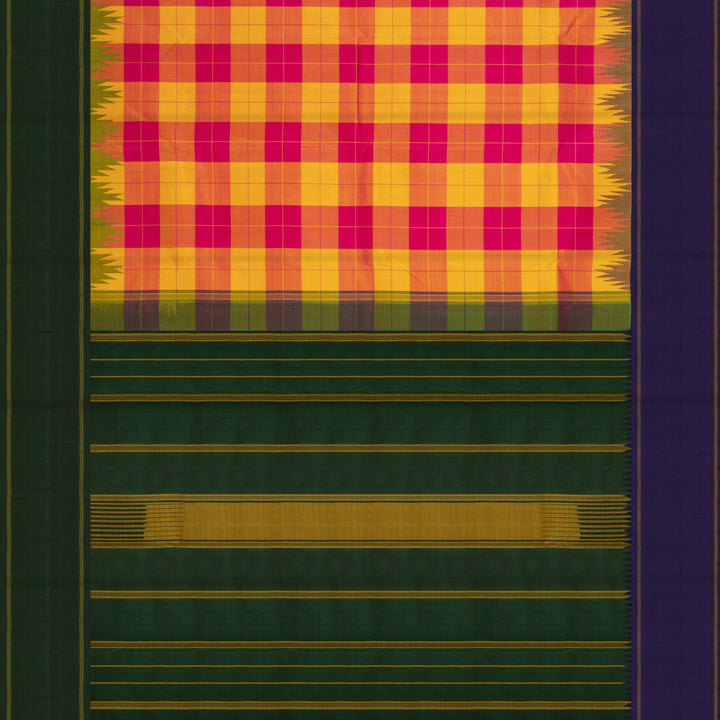 Multicolor handwoven Kanjivaram silk saree with checkered body, korvai thazampoo motifs, green rettapet border, and temple design pallu, paired with green blouse.