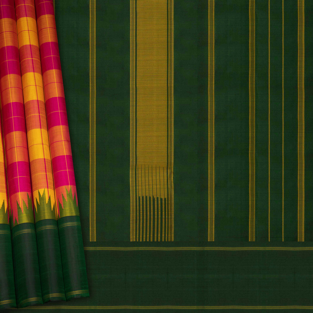 Multicolor handwoven Kanjivaram silk saree with checkered body, korvai thazampoo motifs, green rettapet border, and temple design pallu, paired with green blouse.