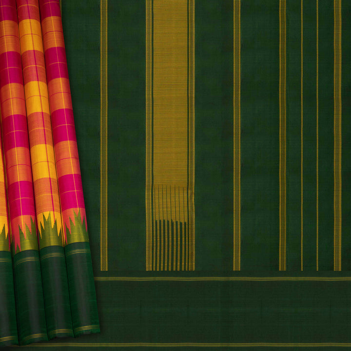 Multicolor handwoven Kanjivaram silk saree with checkered body, korvai thazampoo motifs, green rettapet border, and temple design pallu, paired with green blouse.