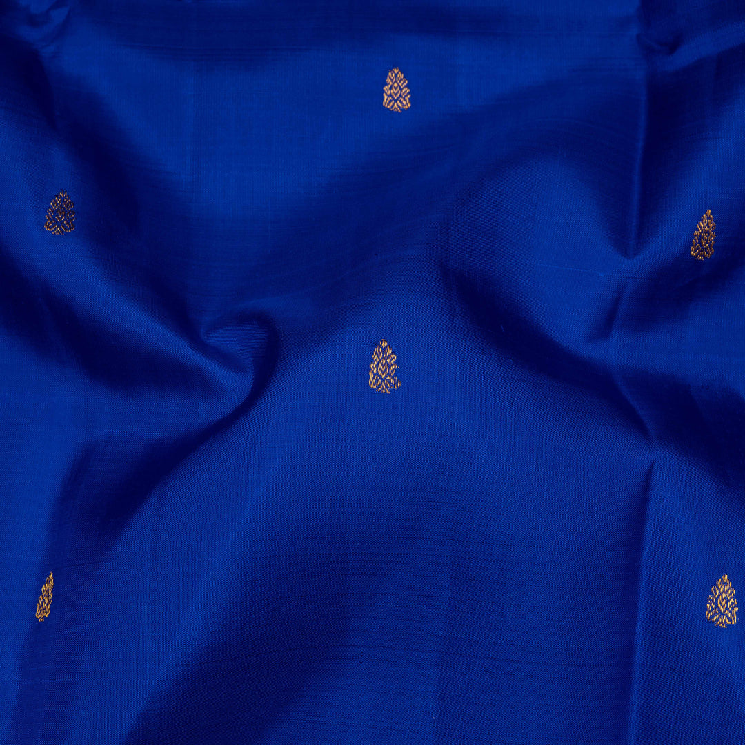 Blue handwoven Kanjivaram silk saree with gold buttas, red border with chevron and floral designs, and matching pallu, paired with plain red blouse.