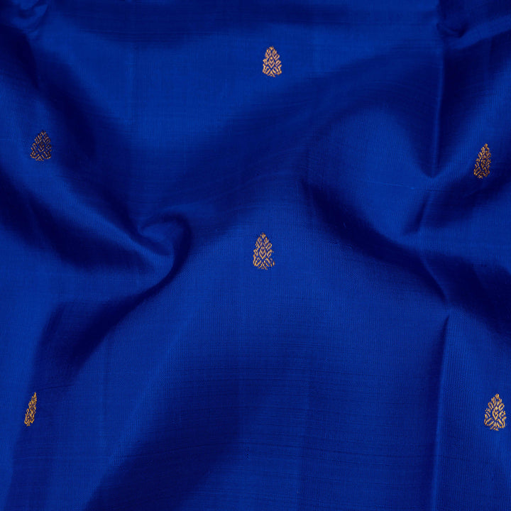 Blue handwoven Kanjivaram silk saree with gold buttas, red border with chevron and floral designs, and matching pallu, paired with plain red blouse.