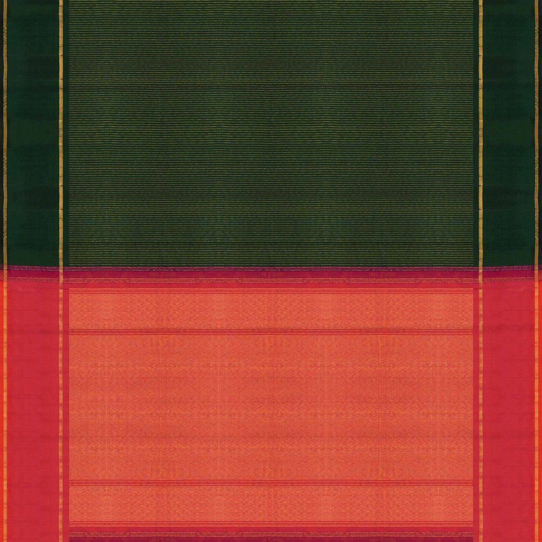 Green handwoven Kanjivaram silk saree with vertical gold dash buttas, rettapet border, and peach-pink dual tone pallu with zari motifs, paired with peach blouse.