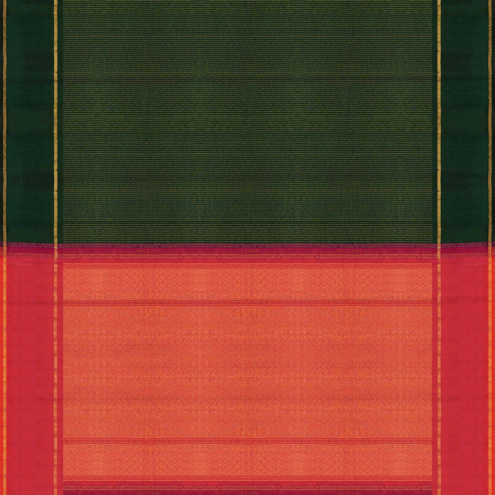 Green handwoven Kanjivaram silk saree with vertical gold dash buttas, rettapet border, and peach-pink dual tone pallu with zari motifs, paired with peach blouse.