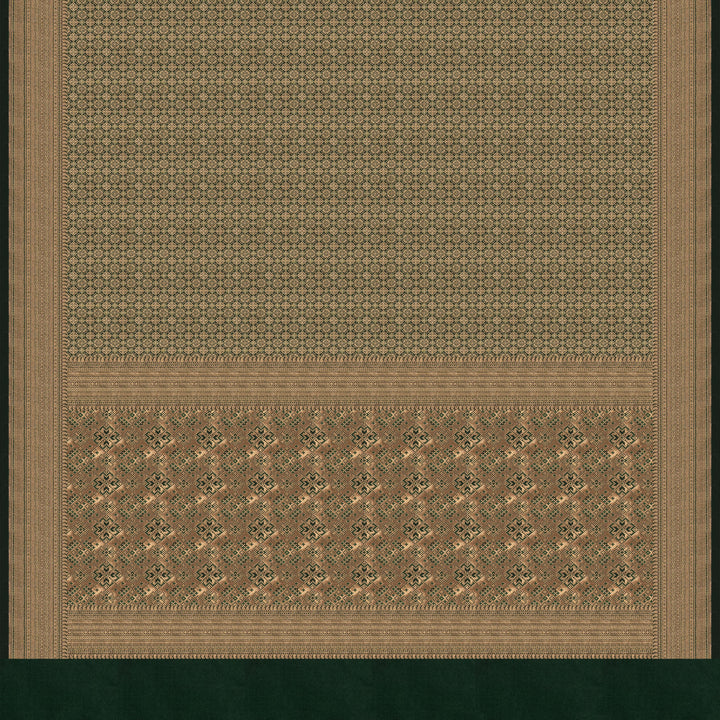 Dark green Banarasi silk saree with all-over gold brocade featuring round and diamond buttas, intricate zari border with chevron and traditional motifs, paired with a plain dark green blouse.