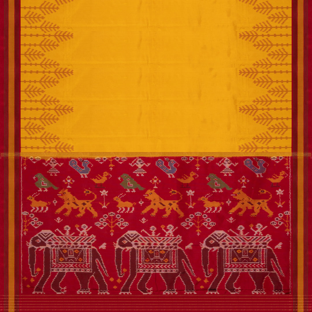 Yellow Ikat silk saree with red border accents, green and yellow border lines and red pallu with animal and human motifs, paired with red ikat blouse.