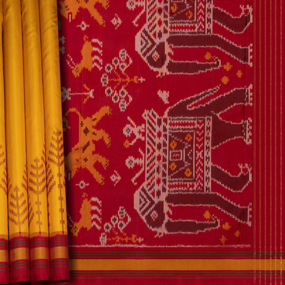 Yellow Ikat silk saree with red border accents, green and yellow border lines and red pallu with animal and human motifs, paired with red ikat blouse.