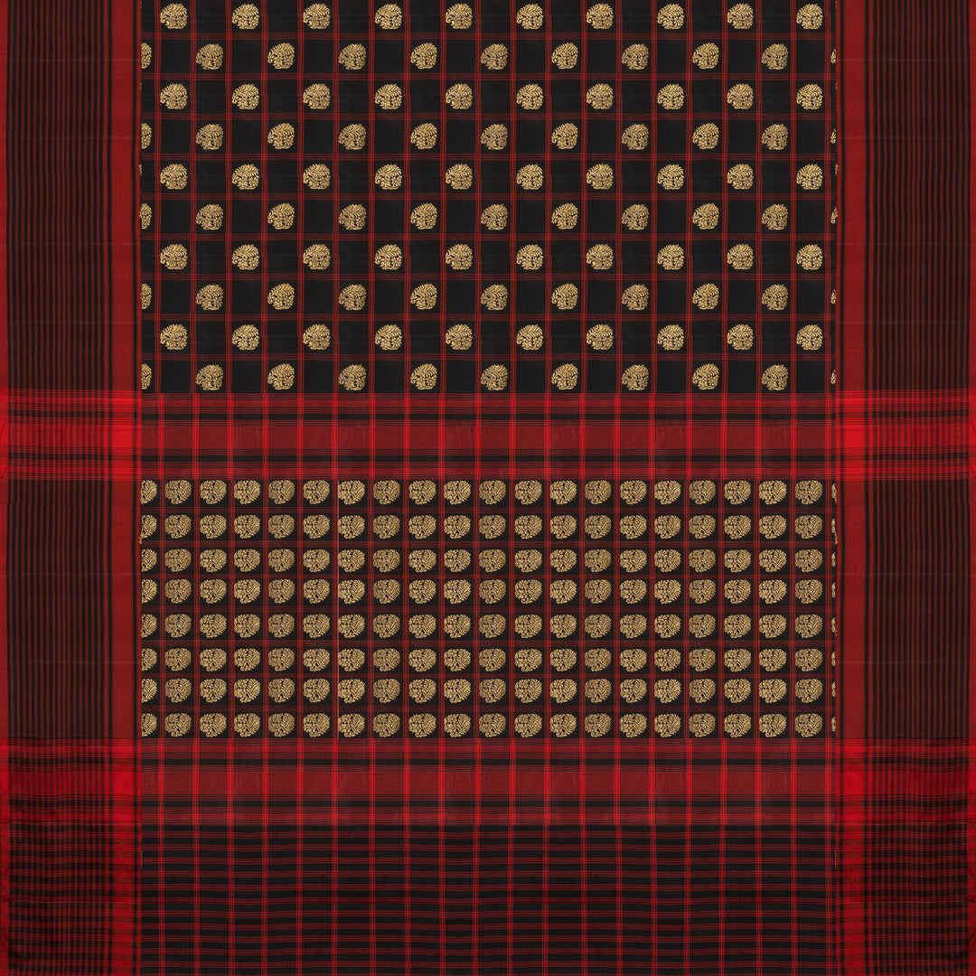 Black Pochampally Ikat silk saree with ikat checks, kadiyal butta, black border with red panel and rectangular patterns, paired with off-white ikat blouse.