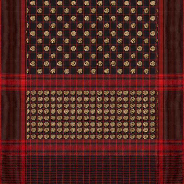 Black Pochampally Ikat silk saree with ikat checks, kadiyal butta, black border with red panel and rectangular patterns, paired with off-white ikat blouse.