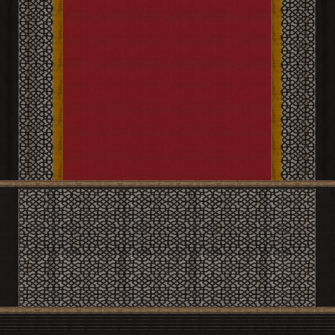 Red Pochampally Ikat silk saree with yellow ikat border, black panel, and black and white ikat pallu, paired with plain black blouse.