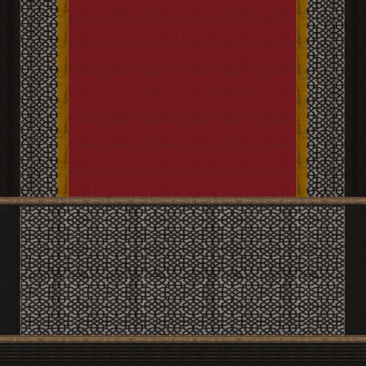 Red Pochampally Ikat silk saree with yellow ikat border, black panel, and black and white ikat pallu, paired with plain black blouse.