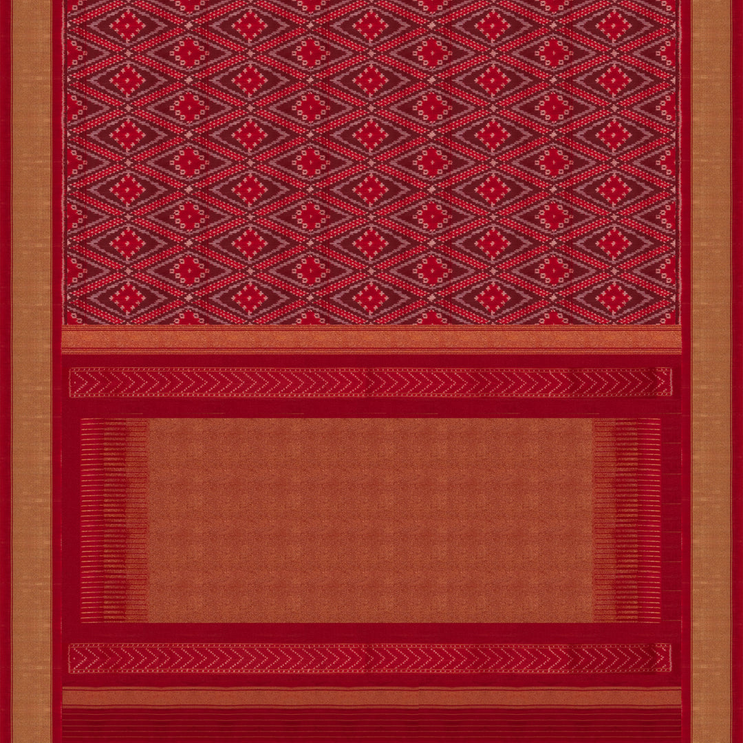 Red Pochampally Ikat silk saree with diamond motifs, red and gold zari border, and temple design pallu with arrow patterns, paired with plain red blouse with zari border.