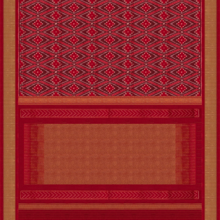 Red Pochampally Ikat silk saree with diamond motifs, red and gold zari border, and temple design pallu with arrow patterns, paired with plain red blouse with zari border.