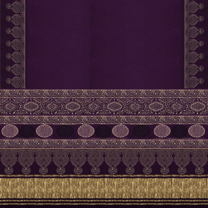 Violet handwoven modal silk saree with plain violet body, Ajrakh printed border, gold zari pallu, paired with a violet Ajrakh design blouse.