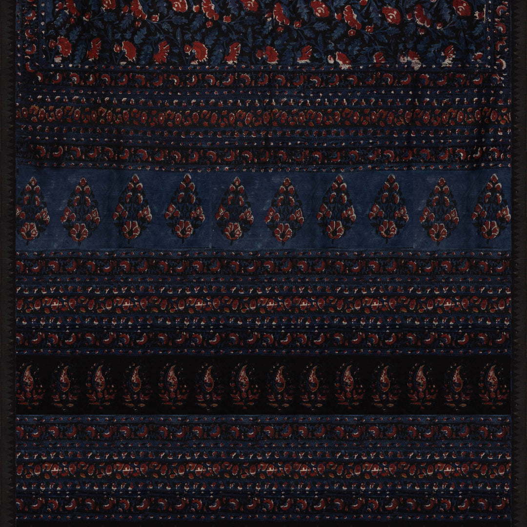 Black Chanderi Silk Saree with Ajrakh Print & Temple Border