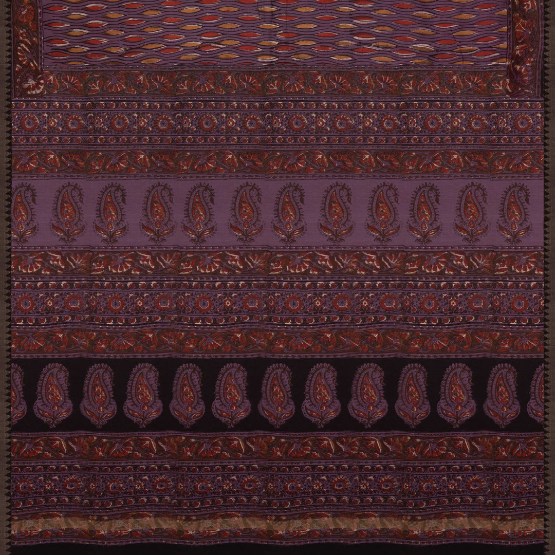 Violet Chanderi Silk Saree with Ajrakh Print & Temple Border
