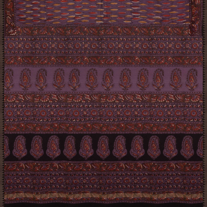 Violet Chanderi Silk Saree with Ajrakh Print & Temple Border