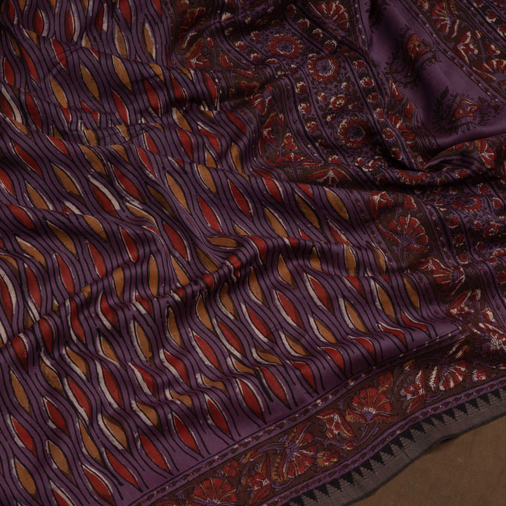 Violet Chanderi Silk Saree with Ajrakh Print & Temple Border