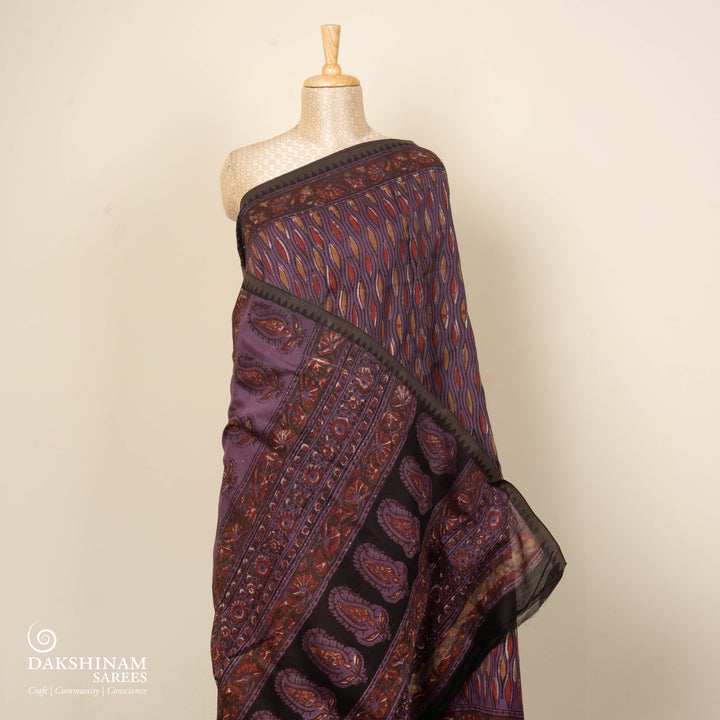 Violet Chanderi Silk Saree with Ajrakh Print & Temple Border