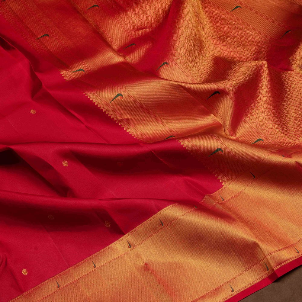 Red Kanjivaram silk saree with gold zari floral butta, Paithani border and diamond butta pallu with matching blouse