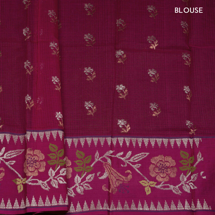 Purple Kota doria silk saree with silver zari floral butta, chevron pallu and floral zari border with yellow blouse