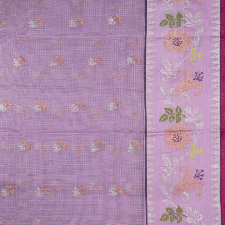 Purple Kota doria silk saree with silver zari floral butta, chevron pallu and floral zari border with yellow blouse