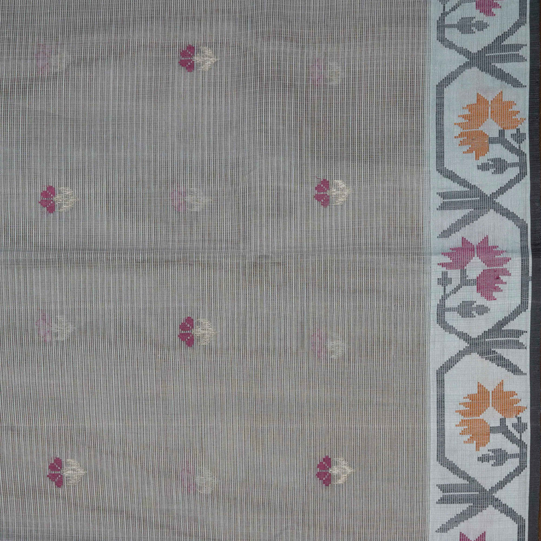 Grey Kota doria silk saree with silver zari floral butta, floral pallu and vine border with matching blouse