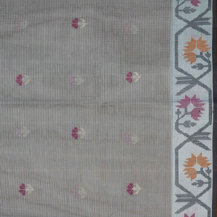 Grey Kota doria silk saree with silver zari floral butta, floral pallu and vine border with matching blouse