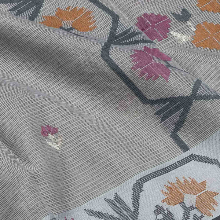 Grey Kota doria silk saree with silver zari floral butta, floral pallu and vine border with matching blouse