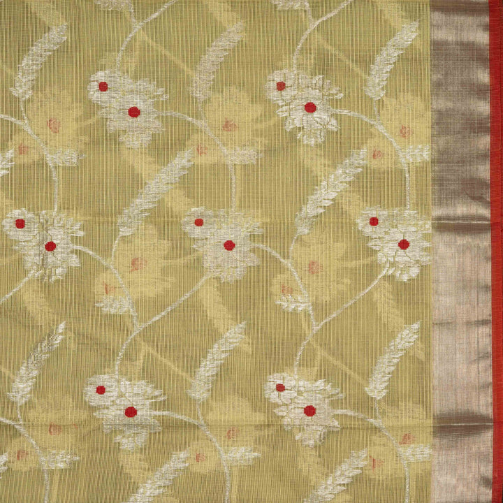 Lime yellow Kota doria silk saree with silver zari floral lines, chevron pallu and panel border with red blouse