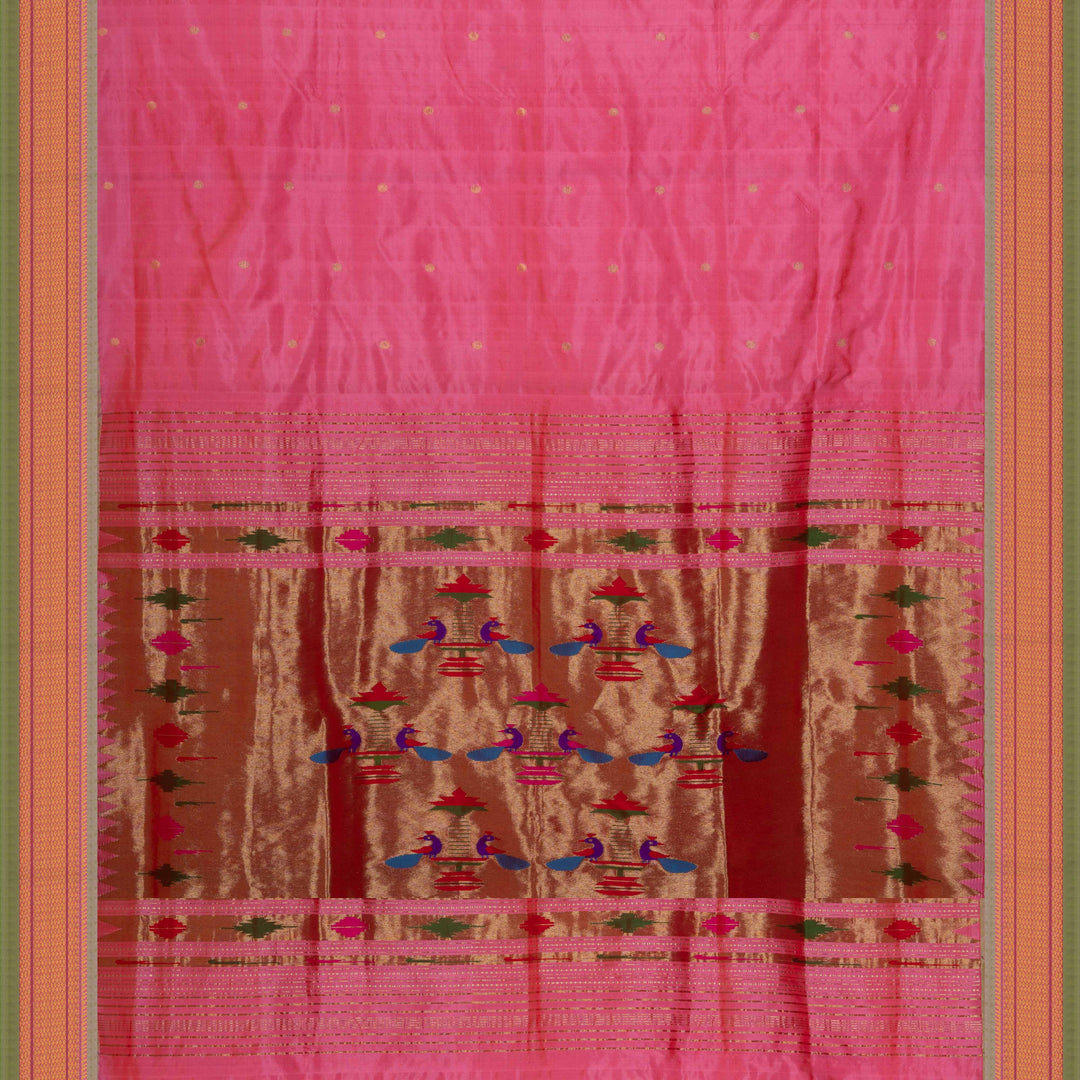 Pink silk Paithani saree with mango butta, diamond zari border and bird Paithani pallu with paneled lines and matching blouse