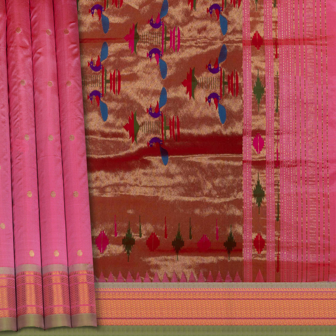 Pink silk Paithani saree with mango butta, diamond zari border and bird Paithani pallu with paneled lines and matching blouse