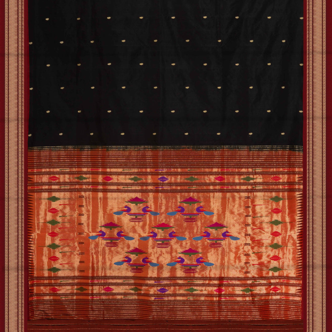 Black silk Paithani saree with mango butta, diamond zari border and bird Paithani pallu with paneled lines and matching blouse