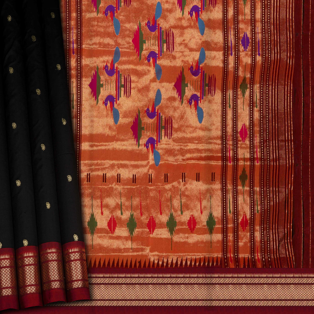 Black silk Paithani saree with mango butta, diamond zari border and bird Paithani pallu with paneled lines and matching blouse