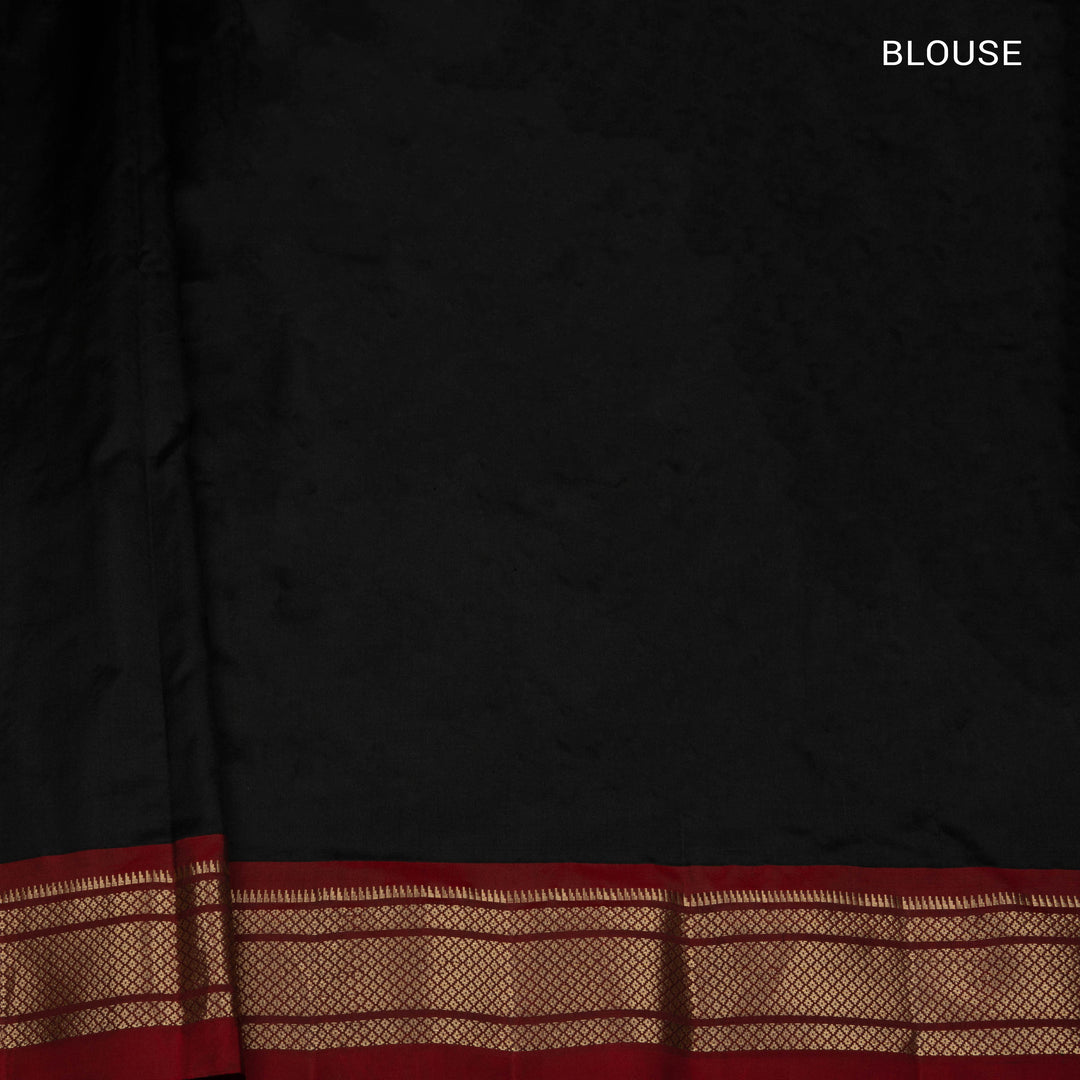 Black silk Paithani saree with mango butta, diamond zari border and bird Paithani pallu with paneled lines and matching blouse