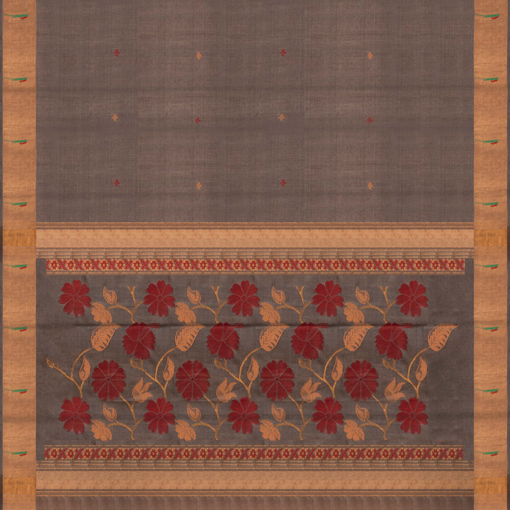 Grey tussar silk Paithani saree with floral butta, gold zari border and red sandal jamdani floral pallu with matching blouse