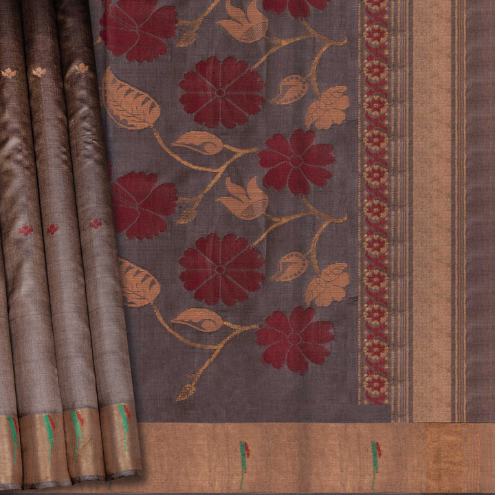 Grey tussar silk Paithani saree with floral butta, gold zari border and red sandal jamdani floral pallu with matching blouse