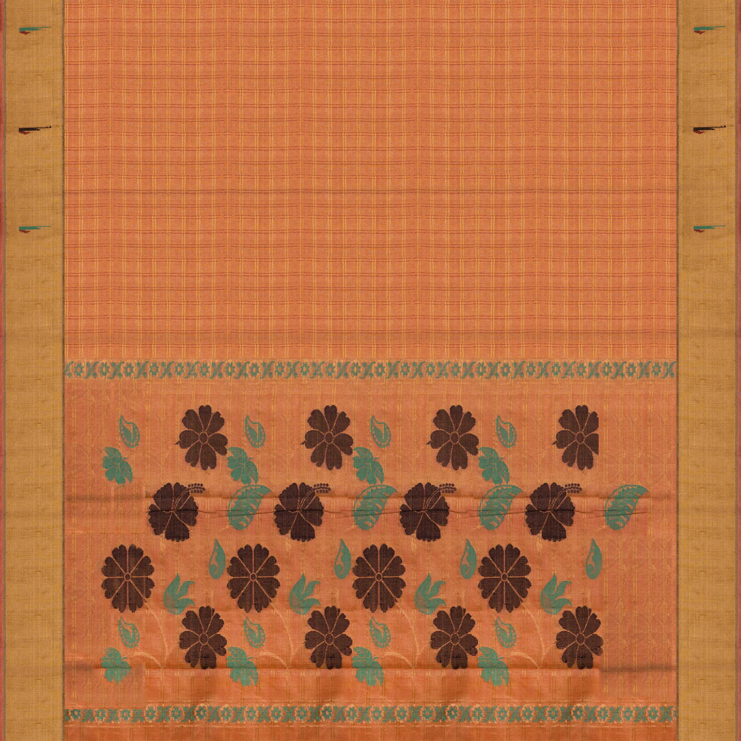 Orange tussar silk Paithani saree with gold zari checks, Paithani border and multicolor jamdani floral pallu with matching blouse