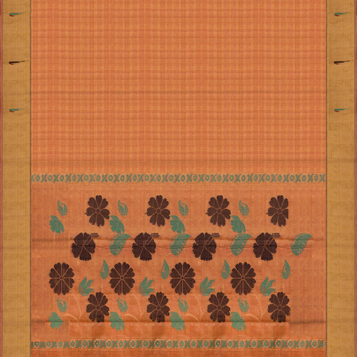 Orange tussar silk Paithani saree with gold zari checks, Paithani border and multicolor jamdani floral pallu with matching blouse