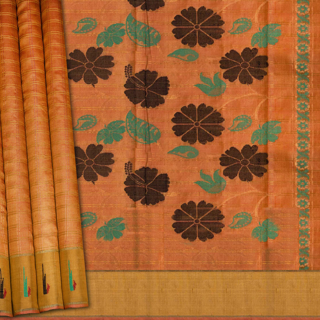 Orange tussar silk Paithani saree with gold zari checks, Paithani border and multicolor jamdani floral pallu with matching blouse