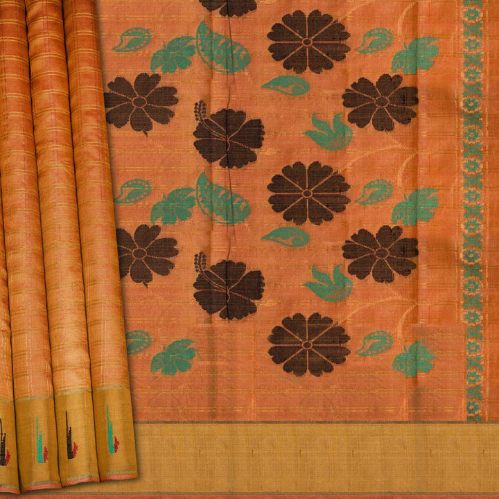 Orange tussar silk Paithani saree with gold zari checks, Paithani border and multicolor jamdani floral pallu with matching blouse